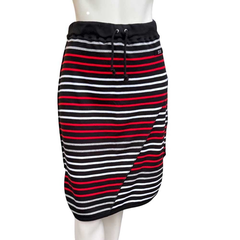 Sonia Rykiel Striped Cotton Knit Skirt Red Black White Drawstring Tenniscore M